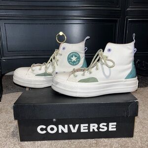 Converse High-Top Sneakers in White, Green, and Purple
